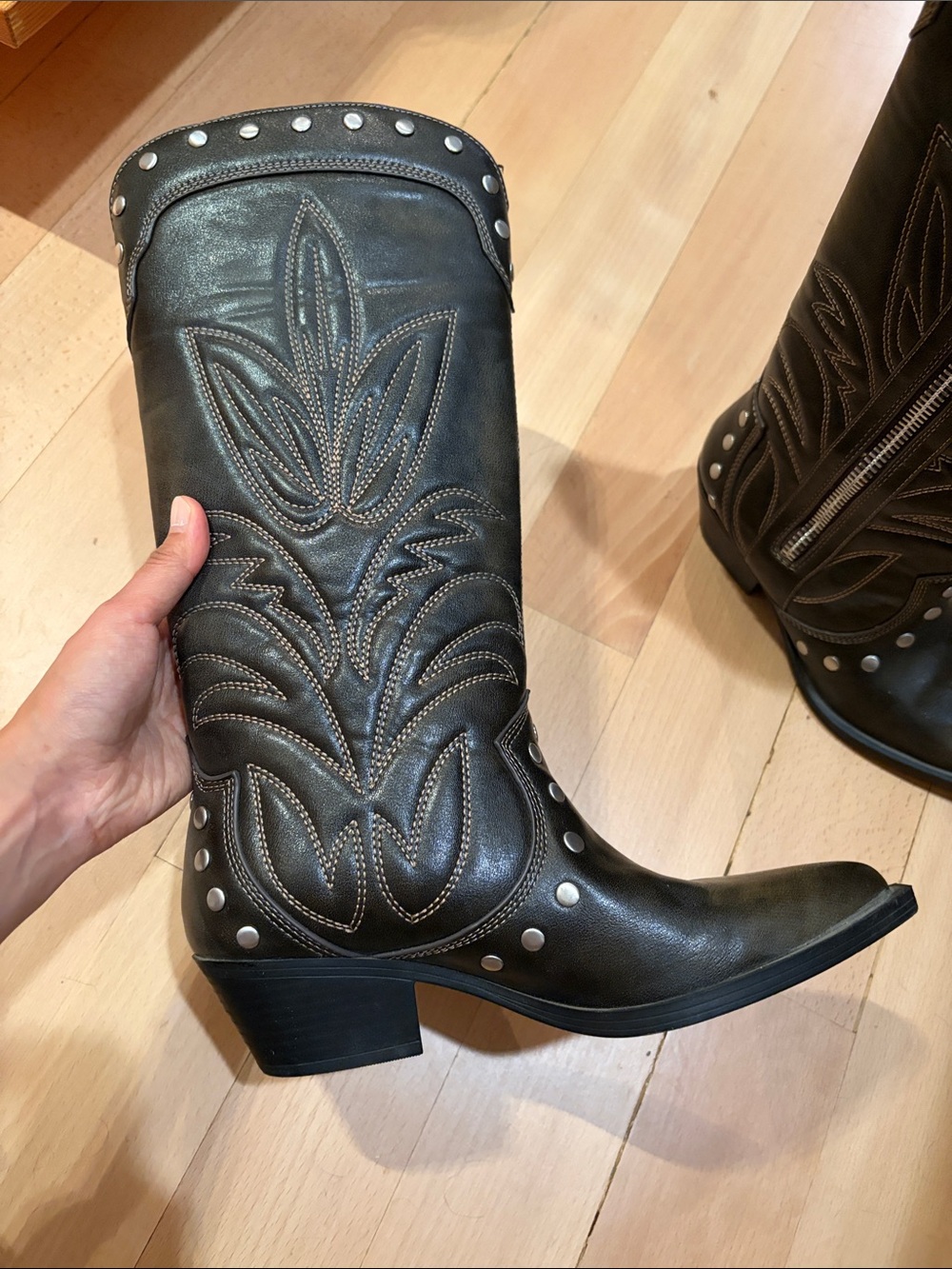 Studded Embroidered Western Knee-High Boots - Brown - Picture 2 of 4